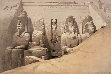 Az Abu Szimbel-i nagy templom homlokzati rajza, Núbia, az „Egypt and Nubia“ című könyvből, Louis Haghe litográfiája, 1849