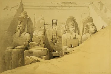 Az Abu Szimbel-i nagy templom homlokzata, Núbia, az „Egypt and Nubia” II. kötetének 44. táblája, Louis Haghe (1806-85) metszete, kiadva 1849-ben