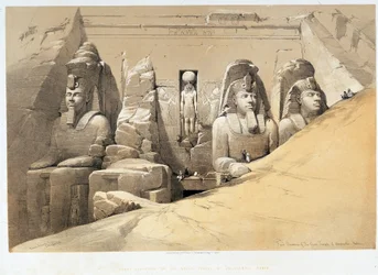 Aboo Simbel (Abu Simbel, Abu vagy Abu Simbel), Núbia (Nubia) nagy templomának homlokzata a „"The Holy Land"-ben, London 1849