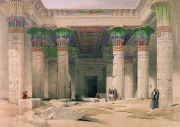 A philaei templom nagy oszlopcsarnoka, Núbia, az „Egyiptom és Núbia” című műből, Louis Haghe (1806-85) metszete, Londonban kiadva, 1838