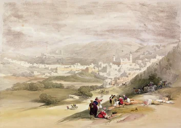 Hebron, 1839. március 18. a „The Holy Land” II. kötetéből; metszett: Louis Haghe (1806-85) megjelent Londonban, 1842 kiadva Londonban, 1842