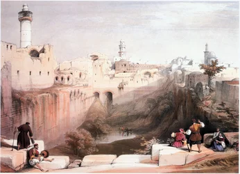 A Szentföldön: Jeruzsálem, a Betesda-medence, balra a Templom-hegy (metszet).