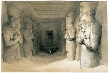 Aboo Simbel (Abu vagy Abu Simbel) templom belseje, 1836.11.09-én készült rajz a „Szentföldön”, London 1849