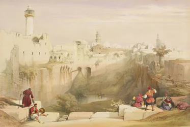 Jeruzsálem, 1839. április 12., „A Szentföld” I. kötetének 12. táblája, Louis Haghe (1806-85) kocsma metszetében. 1842