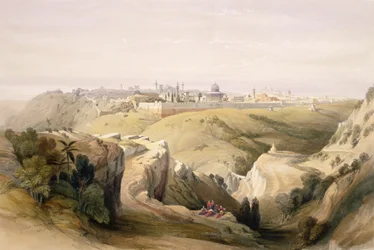 Jeruzsálem az Olajfák hegyéről, 1839. április 8., Louis Haghe (1806-85) kocsma által metszett „The Holy Land” I. kötet 6. táblája. 1842