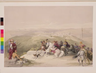 Sabaste, ókori Szamária, 1839. április 17., „A Szentföld” I. kötetének 44. táblája, Louis Haghe (1806-85) kocsma metszetével. 1842