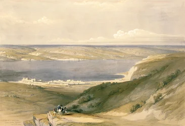 Galileai-tenger vagy Genezáret, Básán felé nézve, 1839. április 21., 36. tábla a "The Holy Land" I. kötetéből, metszette Louis Haghe (1806-85) pub. 1842