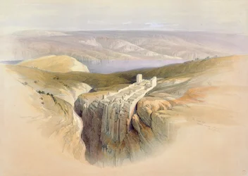 A Holt-tenger Moáb felé nézve, 1839. április 4., „A Szentföld” II. kötetének 50. táblája, Louis Haghe (1806-85) kocsma metszetében. 1843