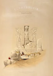A núbiai Aboo Simbel nagy templomának bejárata, az „Egyiptom és Núbia” I. kötetének címlapja, Louis Haghe (1806-85) metszetével, Londonban, 1846-ban.