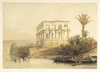 A philaei hüpaithrosz templom, a fáraó ágyának nevezve, az „Egyiptom és Núbia” II. kötetének 65. táblája, Louis Haghe (1806-85) metszete, kiadva 1849-ben