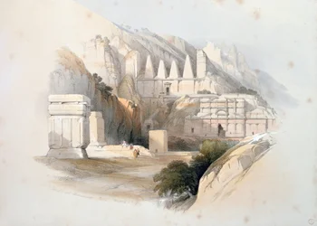 A Necropolis, Petra, a „The Holy Land” III. kötetéből, 1839 (kézzel színezett litó)