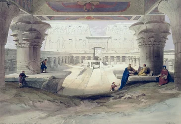 Kilátás az edfui templom oszlopcsarnoka alól, Felső-Egyiptom, az Egyiptom és Núbia I. kötetének 32. táblája, Louis Haghe (1806-85) metszete, 1846-ban kiadva