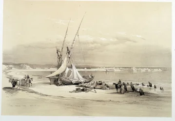 Tyre (Tyre) városának kilátása Libanonban, 1839.04.27-én készült rajz „A Szentföldön”, London 1849
