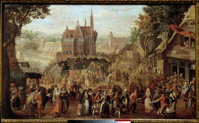 Kermesse Audenarde-ban (Belgium). Buli a falu temploma előtt. David Vinckboons festménye (vagy Vinckeboons vagy Vinkeboons 1576-1629)