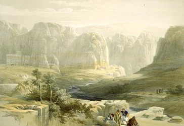 Petra dél felé nézve, 1839. március 9., 106. tábla A Szentföld III. kötetéből, metszette Louis Haghe (1806-85) pub. 1849