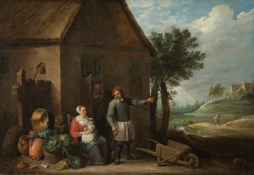 Gazda egy házikó ajtajánál ülő nővel és gyermekkel, 1650-1655 körül (olaj, vászon)