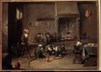 Majmok a konyhában. David Teniers ifjabb (1610-1690) festménye. Olaj, vászon, 36 x 50,5 cm, 1640 körül. Flamand művészet, barokk művészet. Ermitázs Múzeum, Szentpétervár.