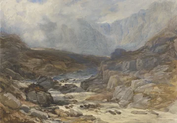Walesi hegyi jelenet Torrential Riverrel (akvarell testfestékkel és fekete krétával papíron)