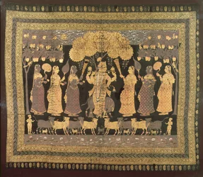 Krishna and his Gopis (átlátszatlan akvarell, arany és ezüst festett pamuton)
