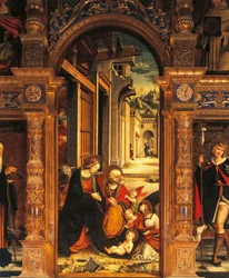 Születés, részlet a 16. századi oltárképről, Defendente Ferrari (1480 vagy 1485-1540), Ranversoi Szent Antal apátság, Buttigliera Alta, Olaszország