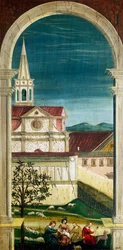 Defendente Ferrari (1480 vagy 1485-1540) által festett perspektíva a 16. századi kórus hátsó részén, Szent Jeromos templom, Biella. Olaszország