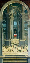 Perspektíva, amelyet Defendente Ferrari (1480 vagy 1485-1540) festett a 16. századi kórus hátsó részére, a Biella-i Szent Jeromos-templomra. Olaszország