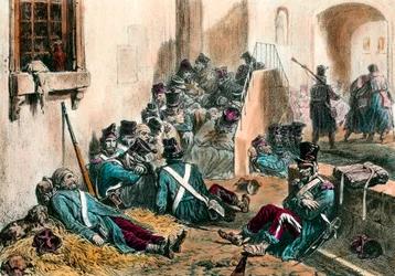 Tífusz a napóleoni háborúk idején A francia hadsereg katonái betegség okozta láztól szenvednek. Denis Auguste Raffet (1804-1860) metszete 19. század. Magángyűjtemény