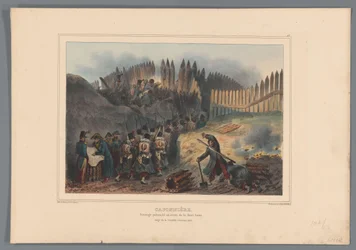Csoportos katonatúra ajtaja és nyílás in de palisade, 1832 Caponier, palástolt munka a félhold előtt (cím a tárgyon) Raffet rajzai a természetből az antwerpeni fellegvár ostrománál (a sorozat címe a tárgyon)
