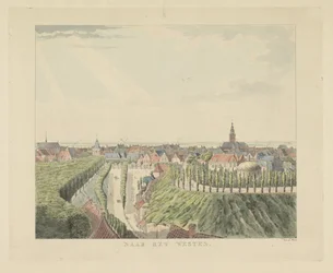 Nijmegen, kilátás a Belvédère felől nyugat felé Nyugatra (cím a tárgyon) Nijmegen városának látnivalói (sorozat címe) Geldersch-panoráma vagy körkép az életről a nymegeni kilátón (sorozat címe)