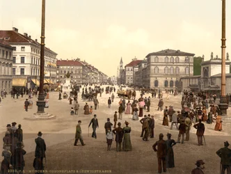 Street Scene, Odensplatz és Ludwigstrasse, München, Bajorország, Németország, 1900 körül
