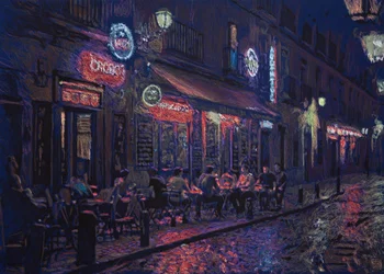 Calle y bar madrileño, 2025 (akril, tus és ceruza, szövet)