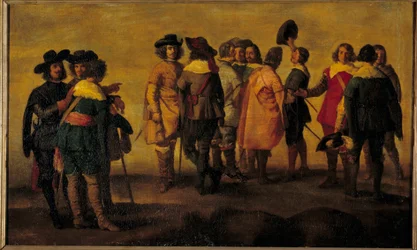 Tizenhárom szereplő beszélgetése vagy találkozása Diego Velasquez (1599-1660) környezetének festménye 17. század V. 0,47x0,77 m