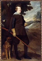 IV. Fülöp (1605-1665), spanyol király portréja vadászruhában, 30 évesen. Diego Rodriguez de Silva y Velasquez (1599-1660) festménye