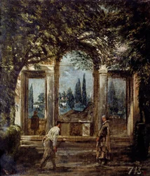 Villa Medicis Rómában, Kleopátra pavilon vagy „Ariane pavilonja””. Kilátás a Villa Medicis kertjére Rómában. Diego Rodriguez de Silva és Velasquez (1599-1660) festménye
