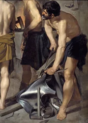 Vulkán kovácsműve, részlet. Az egyik kovács páncélon dolgozik. Diego Velasquez (1599-1660) festménye 1630 V. 2,23x2,90 m Madrid, Prado Múzeum