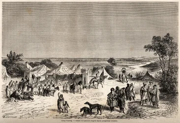 Touareg tábor, Lancelot rajza Dr. Henri Barth 1849-1855-ös utazásának szemléltetésére Afrika központjába. Metszet a „” Le tour du monde, nouveau Journal des voyages”” Párizsban