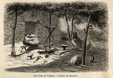 Egy cigánykohó a romániai Walachia régióban. A Párizsból Bukarestbe tartó utazást illusztráló metszet Lancelot rajzolótól 1860-ban, amelyet a „Le tour du monde, nouveau Journal des voyages” jelent meg Edouard Charton irányítása alatt.
