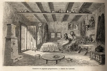 Tulajdonos parasztok háza Orezu (Walachia régió, Románia) környékén. Metszet a Párizsból Bukarestbe tartó utazás szemléltetésére, Lancelot rajzoló 1860-ban, megjelent a „Le tour du monde, nouveau Journal des voyages” irányítása alatt.