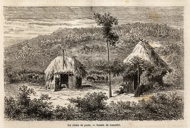 Postaváltó Bukarest és Pitesti között. A Párizsból Bukarestbe (Románia) tartó utazást illusztráló metszet 1860-ban Lancelot tervezőtől, a „Le tour du monde, nouveau Journal des voyages” című kiadványban, amelyet Edouard Charton irányítása alatt adtak ki.
