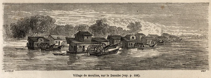 Malomfalu a Duna-parton, Lancelot rajza Victor Duruy Párizsból Bukarestbe tartó 1860-as utazásának illusztrálására. Metszet a „Le tour du monde”-ban, szerkesztette Edouard Charton