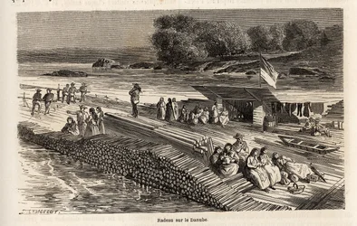 Fatutaj a Dunán áru- és emberszállításra, Lancelot rajza Victor Duruy Párizsból Bukarestbe tartó utazásának illusztrálására 1860-ban. Metszet a „Le tour du monde”-ban, szerkesztette Edouard Charton