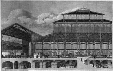 A Halles de Paris metszete 1862-ben. Lancelot metszete a „Le Magasin festői” c.