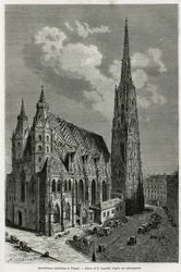Szent István-székesegyház (St. Stephen vagy Stephansdom vagy St. Stephane vagy St. Stephan Kirche) (épült 1113 és 1147 között), Bécs (Ausztria). Lancelot metszete, M. Newlinski Vienne és külvárosai című történetének illusztrálására, 1881-ben, a To.