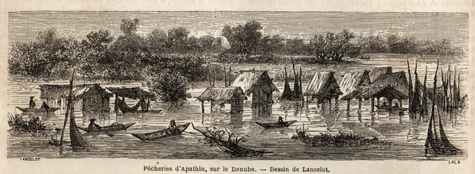 Apathin (Szerbia) halászata a Dunán. Lancelot rajza, 1860-ban Párizsból Bukarestbe tartó utazásának illusztrálására. Metszet a „Le tour du monde”-ban, szerkesztette Edouard Charton