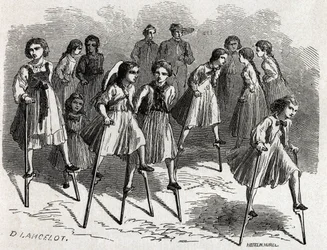 Az ulmi echasse játéka, amelyet Lancelot tervezett Victor Duruy 1860-as Párizsból Bukarestbe tartó utazásának illusztrálására. Gravírozás a „Le tour du monde”-ban, szerkesztette Edouard Charton