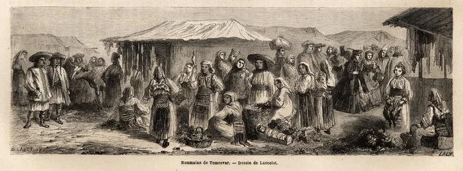 Tesmevar (vagy Temesvár) sétáló lakossága Romániában. A Párizsból Bukarestbe tartó utazást illusztráló metszet Lancelot rajzolótól 1860-ban, amelyet a „Le tour du monde, nouveau Journal des voyages” jelent meg Edouard Charton irányítása alatt.