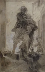 Lantenac márki megment egy gyereket, Victor Hugo (1802-85) illusztrációja a Quatre-vingt-treize-ből (ceruza, zsírkréta és gouache papíron)