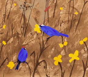 Elsődleges színek (Diadem Tanagers  Ceibo fa) (akril  kollázs)