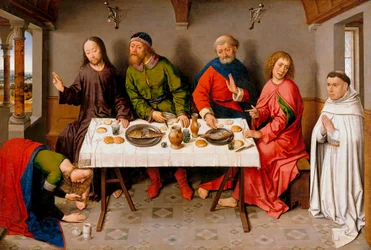 „Krisztus Simon farizeusnál” (Krisztus Simon farizeus házában) Mária Magdolna kenőcsöt oszt Jézus lábára – Dirk (Dieric) Bouts festménye, dit le Vieux (1410/20-1475), 1450 körül – Olaj fán, 40,5x61 - Staatliche Museen, Berl