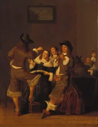 Elegáns figurák isznak és mulatnak egy belső térben, 1653